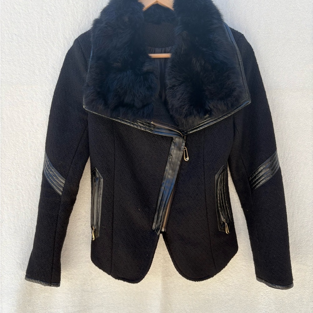Black Rabbit Fur Collar Women's Jacket Sz XS